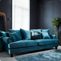 Canapé trois places de style rétro américain, en velours bleu foncé, à dossier haut, de style antique français, pour maison d'hôtes