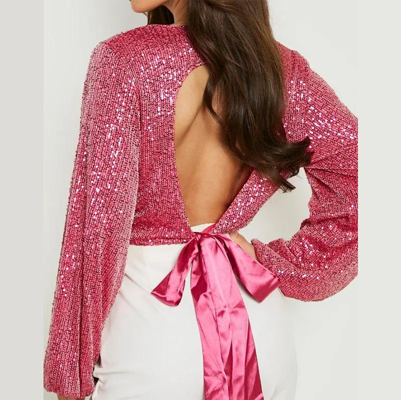 Hot Sale Long Sleeve V Neck Hot Sexy Girl Ladies Full Body Pink Sequin Shirts Backless Back Bottom Tie Women Blouse Shirts