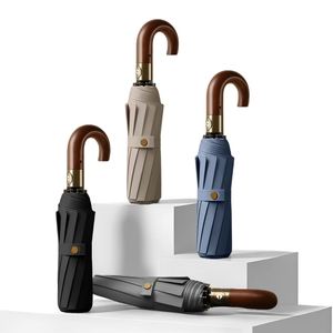 Parapluie pliant 3 sections de haute qualité, promotionnel, personnalisé, classique, portable, avec impression de logo sur mesure et manche en bois - Product Image 5