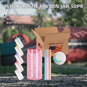 US RTS 16oz <b>Double</b> <b>Wall</b> Leak-Proof Plastic Mason Jar 50 Pack Clear Drinking Cups Lids Straw Boiling Water Applicable Travel - Product Image 2