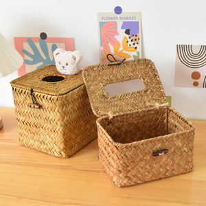 Straw Woven Tissue <b>Box</b> <b>With</b> <b>Lid</b> Bohemian Style <b>Decorative</b> Storage For Home Restroom Use - Product Image 1