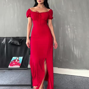 2025 verano Europeo Americano Casual vestido para <span class=keywords><strong>mujer</strong></span> sin tirantes corbata Puff manga Slit Bodycon largo viscosa vestido transfronterizo - Product Image 4