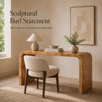 Bureau d'écriture sculptural Mappa Burl, Table de bureau en U effet cascade, Série Designer Luxe, Modernisme Organique, Objet de collection résidentiel