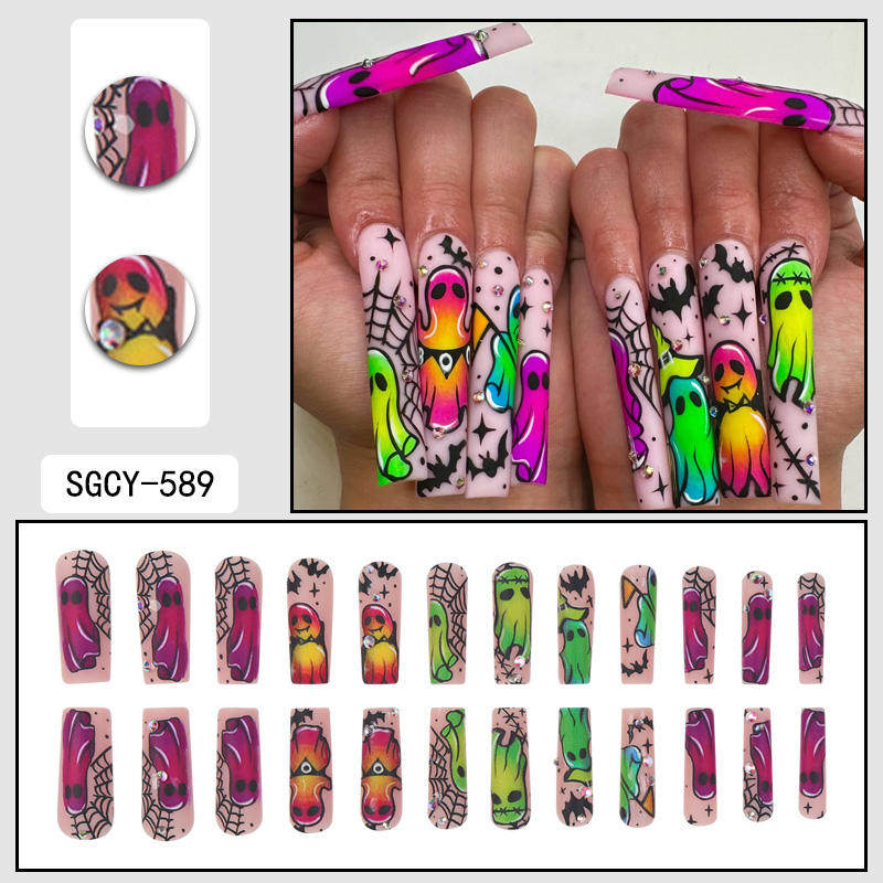 24pcs Halloween French Style False Nails Set ABS Material Long Coffin-Shaped Pressing Fake Nails