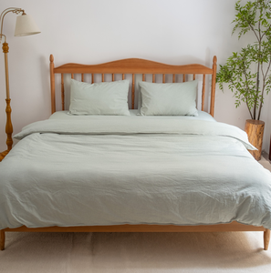 Parure de lit en coton tissé à rayures vertes 4 pièces, comprenant taie d'oreiller, housse de couette et drap-housse en coton lavé, aspect lin - Product Image 1