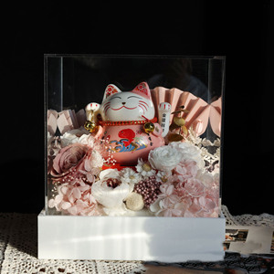 Lucky Cat Rose Preserved Flower Ornament Solar-Powered Automatic <strong>Waving</strong> Acrylic Cover Gift Friend Business Opening Housewarming - Product Image 5