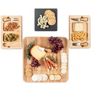 Hook-tabla multifuncional Premium de bambú para servir queso, juego de platos y cuchillos con cajón oculto