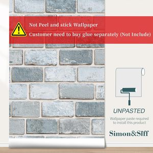 Symon-Papier peint à effet 3D, bleu clair, non adhésif, 17.3x240 pouces, traditionnel réaliste, brique rustique, faux texturé - Product Image 6