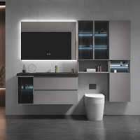 Meuble-lavabo flottant de luxe moderne avec vasque, miroir LED et armoire murale avec rangement en verre pour projets hôteliers