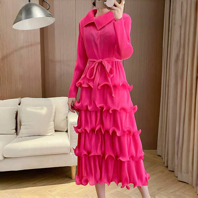 Customized Pleats Miyake Lady's Cake Dress Turn-down Collar Plus Size Ball Gown Waveselvedge Easter Party Bouncing Casual Dress