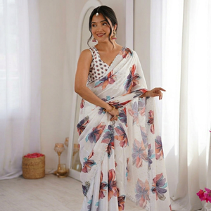 Sari de Algodón con Estampado Floral Blanco Estilo Bollywood de MEETALI CREATION, Sari de Diseñador para Mujer de Alta Calidad al por Mayor, Largo hasta el Suelo, Envío Rápido - Product Image 1
