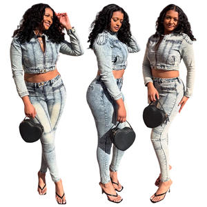 Hochwertige Damen-Denim-Outfits Baumwoll-Crop-Jacke Lange Jeans 2-teiliges Set Lässige Streetwear Mädchen Denim Zweiteiler Damen - Product Image 3