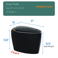 WC intelligent monobloc noir avec bidet intégré, ouverture/fermeture automatique, capteur de pied, chasse d'eau à jet siphonique, siège chauffant, séchoir à air chaud