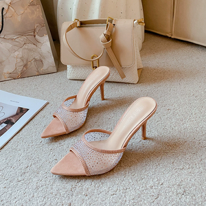 New Arrival Open <b>Toe</b> Pointed High <b>Heels</b> Mules Fashionable Rhinestone Slippers Lightweight Breathable High Top PU Shoes - Product Image 3
