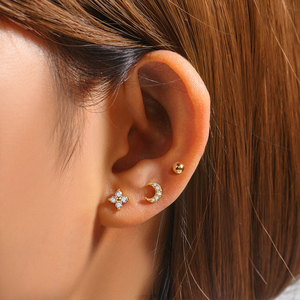 CANNER Lot de 3 boucles d'oreilles clous en argent sterling S925, mini, simples, en forme de lune, étoile, pétales de fleurs et boule, ensemble de boucles d'oreilles géométriques multi-formes - Product Image 3