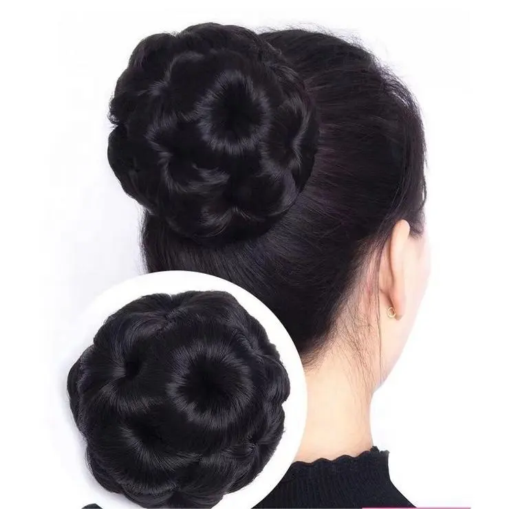 Women clip in donut hair chignon 9 Flower Shape Synthetic Hair Curly Hair bun heat resistant ponytails