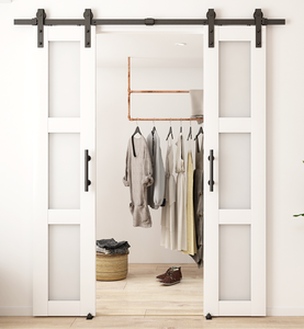 Kit porta porta fienile scorrevole 12ft con rivestimento in acciaio al carbonio e polvere nera, per porte in legno doppie By-pass - Product Image 3