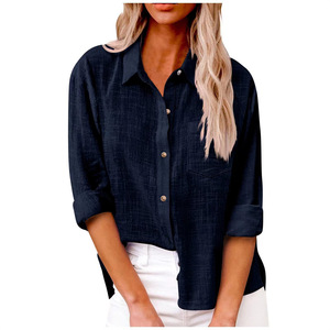Nuova <span class=keywords><strong>Camicia</strong></span> da <span class=keywords><strong>Donna</strong></span> in Stile Europeo e Americano, Casual, Tinta Unita, con Tasche e Spacchetti, Bottoni, in Cotone e <span class=keywords><strong>Lino</strong></span>, Maniche Lunghe - Product Image 6
