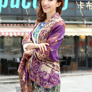 <strong>Pashmina</strong> Silk <strong>Scarf</strong> Shawl Wrap <strong>Paisley</strong> Jacquard Flowers Borders Rave 2 Layers Reversible Classic Tassels for Women 70X180cm 200g - Product Image 4