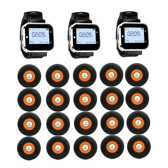 Wireless Paging System Guest Call  Waiter Pager 4 Watch Receiver + 20 Call Button Queue System for Restaurant or Cafe Clinic