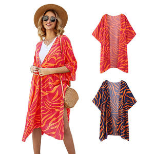 Kimono de plage rouge en rayonne imprimée pour femme, chemisier de plage, couvre-maillot de bain - Product Image 4