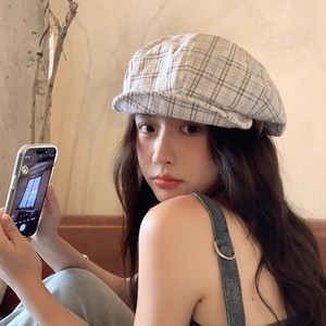 Retro Plaid Octagonal <b>Hat</b> For Women 100% Cotton Face Slimming Painter <b>Hat</b> Spring <b>Summer</b> 2024 Korean Style - Product Image 1