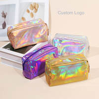 Nouvelle Trousse de Maquillage Portable en PU Holographique Imperméable avec Logo Personnalisé, Sac Cosmétique de Voyage Arc-en-ciel pour Filles