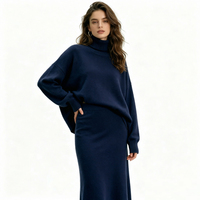Ensemble deux pièces en tricot effet cachemire pour femme, pull ample à manches chauve-souris + jupe longue côtelée moulante, tenue élégante en tricot pour l'hiver