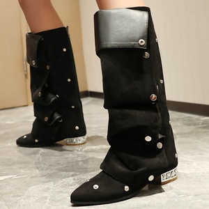 Bottes hautes en jean pour femme, grande taille 48, coupe large, avec rivets métalliques, tige plissée, talons carrés bas - Product Image 1