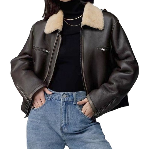 Winter New Trendy Windproof Biker Motorcycles Casual Women Genuine Sheepskin Leather Jacket