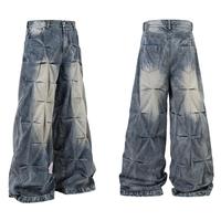 Pantalones Vaqueros Anchos Plisados al por Mayor, Fabricante OEM ODM, Estilo Vintage Lavado, con Diseño Fruncido 3D