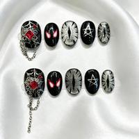 Faux Ongles Noirs Ovales à Presser, Motif Gothique Toile d'Araignée, Œil de Super-Héros, Étoile Chromée, Chaîne de Pierres Précieuses, Faits Main, Lot de 10 Faux Ongles