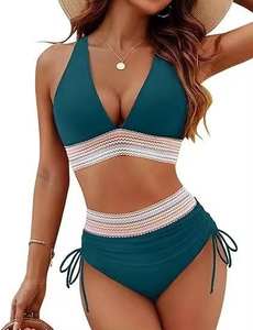 Conjunto de bikini sexy para mujer, cuello en V, cintura alta, parte inferior fruncida con ribete colorido, traje de baño de dos piezas - Product Image 3