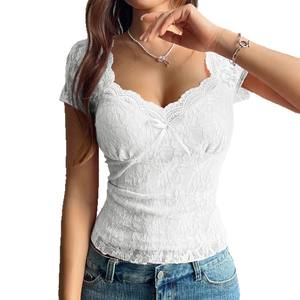 เสื้อยืดลูกไม้แขนสั้นสำหรับผู้หญิง, เสื้อ2025สไตล์ลำลองเสื้อเกาหลีประดับเพชรตกแต่งครอปเพรียวบางสำหรับฤดูใบไม้ผลิฤดูร้อน - Product Image 5