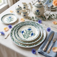 Service de table en céramique peinte à la main de style bohème moderne, bordure verte, assiettes en porcelaine, pour mariage, hôtel, restaurant, service de gâteaux