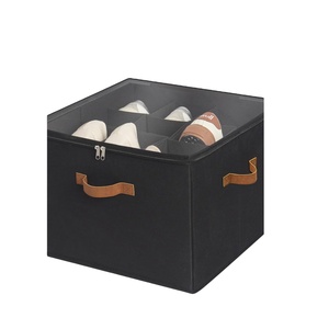 Boîte de rangement pliable pour chaussures en tissu, empilable, noire, avec poignées en cuir PU, organiseur de chaussures pour placard, armoire à chaussures, lot de 2 - Product Image 1