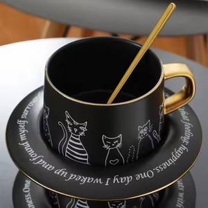 <span class=keywords><strong>Tasse</strong></span> à <span class=keywords><strong>expresso</strong></span> et soucoupe en porcelaine pour chats à rebord doré européen personnalisé, cadeau d'affaires avec couvercle pour l'eau - Product Image 2