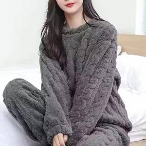 I-0509 Women's Casual Flannel <b>Fleece</b> <b>Pajamas</b> Long-Sleeved O-Neck Solid Color Hot Sale Thickened Winter Home Wear Two Piece Set - Product Image 4