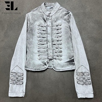 Veste Bomber en Jean Délavé et Teint Sur Mesure LARSUR, Style Napoléon, Coupe Slim, Col Montant, Courte, Type Moto, Veste Hussar en Jean