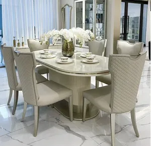 American Luxury Furniture White Leather Dining Chairs Marble Dining Table Silver Game For Dining Table 6 Pieces Kit