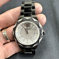 Jam Tangan Bentuk Bintang Hitam Dial Bertabur Berlian Penuh Penanda Romawi Tali Baja Tahan Karat Berkilau Hip Hop Unisex Quartz