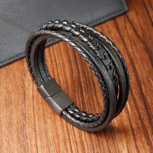 Gelang kulit hitam banyak lapisan Aksesori antik gelang 21cm modis kepang gelang perhiasan untuk pria