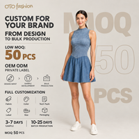 Robe mini sans manches bleue pour femme, col montant, effet denim, coupe évasée, taille froncée, décontractée, été, personnalisable OEM
