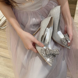 Nuove Scarpe Eleganti con Tacco a Spillo 6CM/8CM/10CM, Glitter Scintillanti, Fiocco con Strass, <span class=keywords><strong>Argento</strong></span>, per Matrimoni, 2025 - Product Image 3