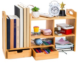Wooden <b>Desktop</b> Storage Rack 3 Tier With Compartments For Office Organizing Books And Stationery Natural Wood Color - Product Image 5