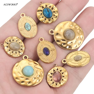 Amuleto de Piedra Religiosa Dorada |   Colgante de Acero Inoxidable con Baño de Oro PVD de 18K, Redondo y Ovalado, con Piedras Naturales Martilladas, para Fabricación de Joyería DIY - Product Image 3