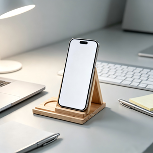 Support de téléphone pliable en bois de pin massif, poncé à la main, <span class=keywords><strong>avec</strong></span> rainure intégrée pour support de tasse et base de dessous de verre, pour usage quotidien sur bureau - Product Image 5