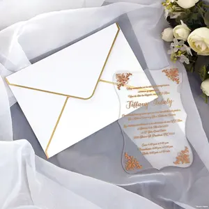 Invitations de mariage haut de gamme en acrylique transparent avec estampage à chaud doré et processus UV, conception de mise en page gratuite pour formes non standard - Product Image 3