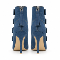 Bottines à bout ouvert en denim bleu pour femmes, talon aiguille de 12 cm, multi-bretelles, chaussures tendance, fabrication OEM ODM, vente en gros