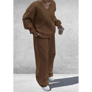 Ensemble de survêtement décontracté en maille pour femme FOXA, col en V, pantalon large, tenue d'automne respirante à manches longues - Product Image 5